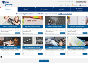 Atomic Learning's product course view after the user has selected subjects