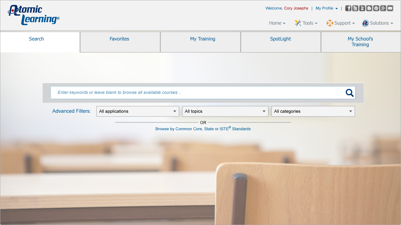 Atomic Learning product example after user logs in