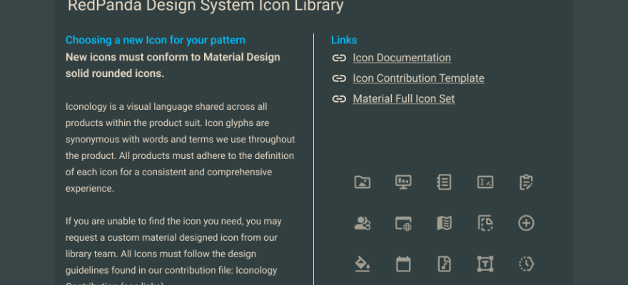 Red panda iconology library cover image showing guidelines and documentation links.
