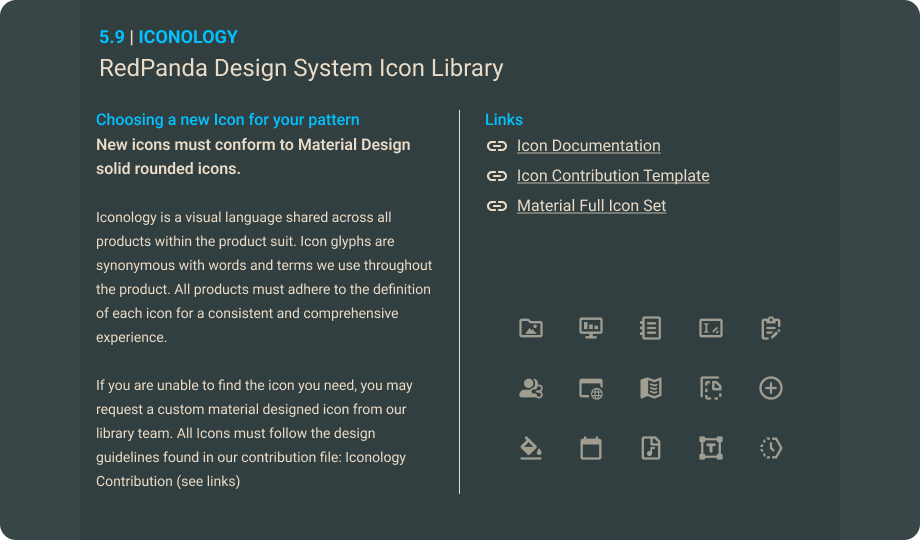 Red panda iconology library cover image showing guidelines and documentation links.
