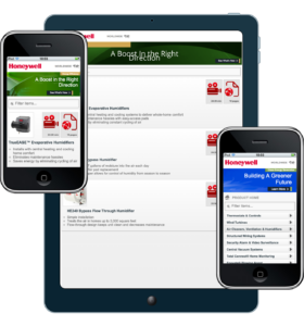 Honeywell mobile app mockup showing repair specs for technicians 