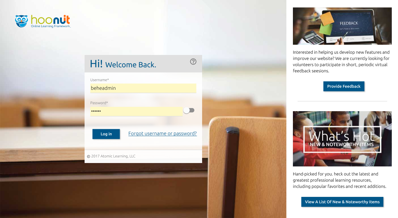 Screen shot of Hoonuit Online Learning Framework login