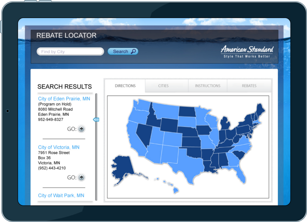 Mockup image of American Standard's rebate locator 